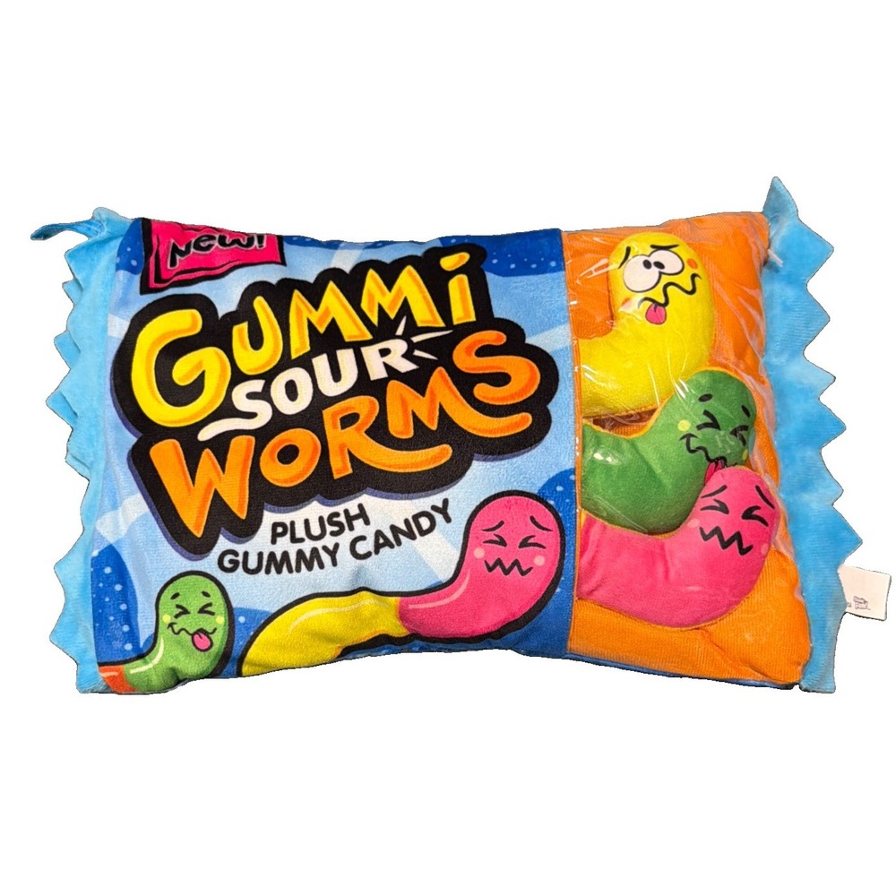 New GUMMI SOUR WORMS Plush Gummy Candy 11" x 8" PILLOW Toy Fun Holiday Gift